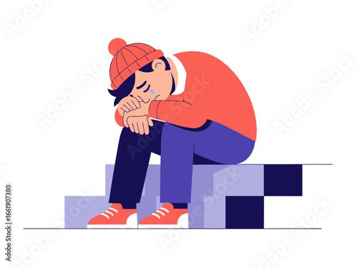 Sad Solitude: A somber illustration of a young individual, head in hands, expressing a moment of sadness, capturing feelings of sorrow, dejection, and introspection.