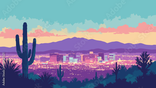 Henderson, Nevada – Hoover skyline with desert foothills and neon shimmer, palette: sand beige, neon teal, dusk purple, cactus green