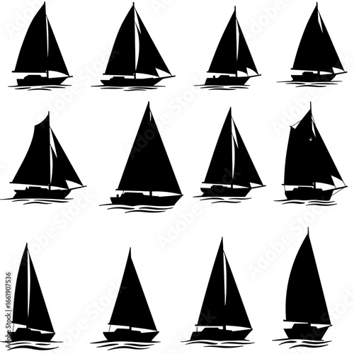 Twelve Sailboat Silhouettes: Nautical Vector Graphics