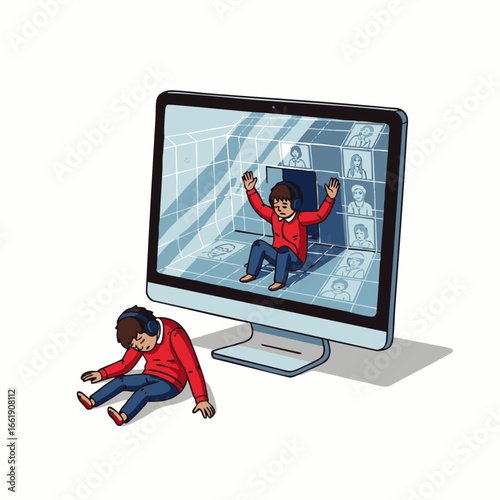 An overwhelmed individual collapses from digital fatigue while their virtual self remains trapped in a demanding online meeting.