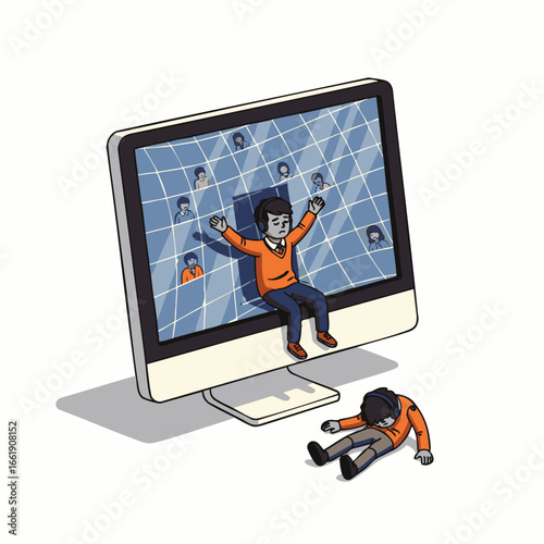 A compelling illustration portrays a man feeling trapped and overwhelmed by the digital world inside a computer screen, as his real-life self lies exhausted.