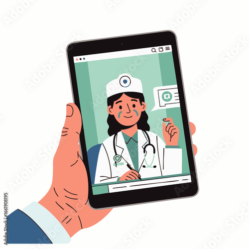 A hand holds a tablet displaying a female doctor on a video call, offering remote medical consultation and telehealthcare services.