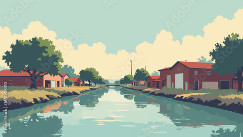 Stockton, California – Delta waterways with oaks and vintage warehouse facades, palette: river teal, barn red, oak brown, fog gray