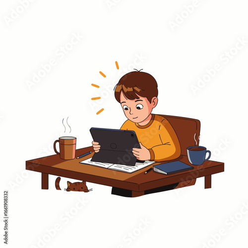 A young boy, deeply focused, interacts with a tablet on a wooden table, surrounded by learning essentials, while a small cat peeks underneath.