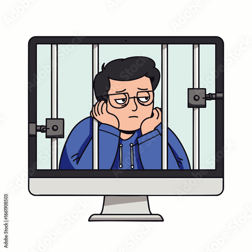 A somber man with spectacles appears confined within a digital monitor, symbolizing the isolating effects of excessive screen time and modern technology.