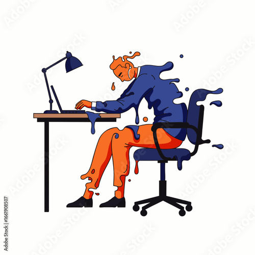 A compelling illustration portrays a professional experiencing severe burnout, his body and suit melting while working on a laptop, symbolizing immense pressure and exhaustion of modern work life.