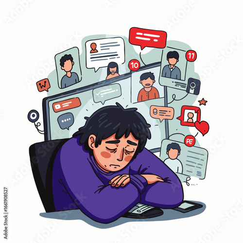 An exhausted person, overwhelmed by constant social media notifications and digital communication, finds respite from the demanding online world.