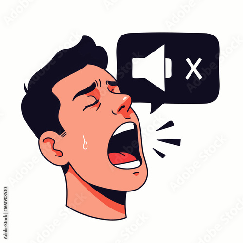 This illustration depicts a frustrated man screaming with his mouth wide open, symbolizing the profound feeling of being silenced or unable to express himself.