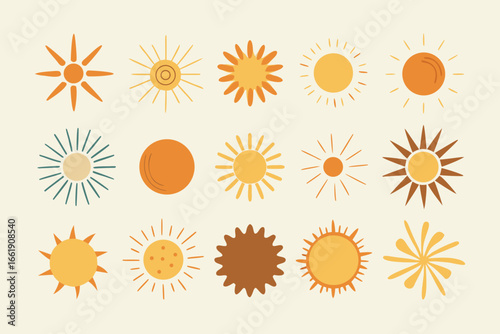 Bohemian Style Sun Collection Retro Summer Solstice Illustrations and Icon Set Design