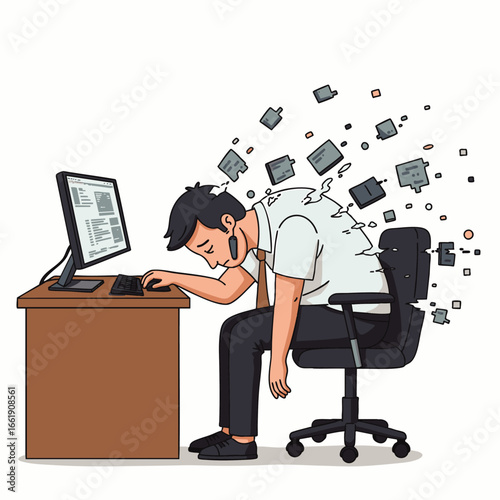 An office worker slumps at his computer, overwhelmed by digital tasks and information, illustrating severe stress, mental exhaustion, and professional burnout.