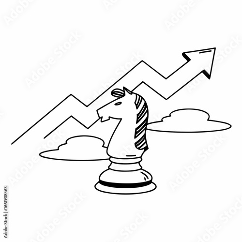 A chess knight piece stands before an upward trending arrow graph symbolizing business growth and success