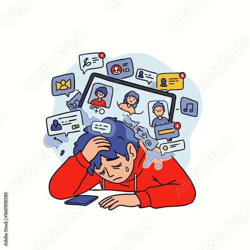 An individual experiences profound digital overload and mental exhaustion from an incessant barrage of social media alerts and online pressures.