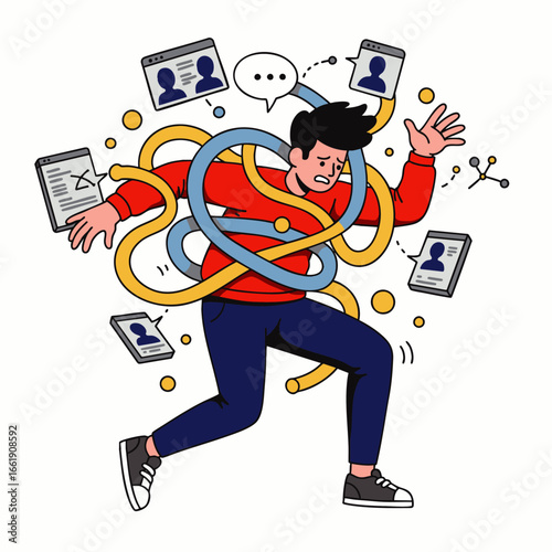 A young man is overwhelmed by digital information overload, entangled in social media notifications and online demands, depicting modern stress and mental exhaustion.