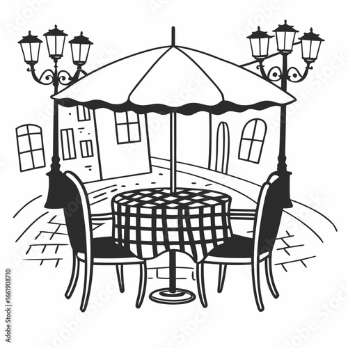 Charming european street cafe scene with checkered tablecloth umbrella and vintage lampposts