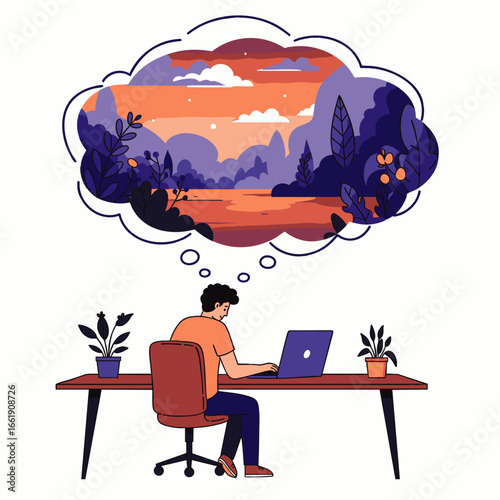 A creative individual finds inspiration while working diligently on a laptop, envisioning a serene, vibrant landscape filled with colorful nature.