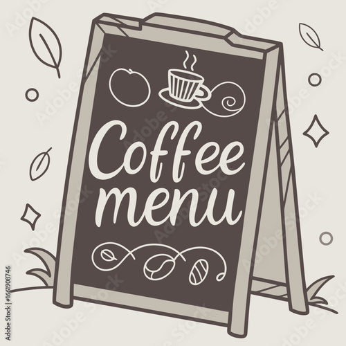 Charming hand drawn coffee menu board with steaming cup and coffee beans displayed outside a cafe