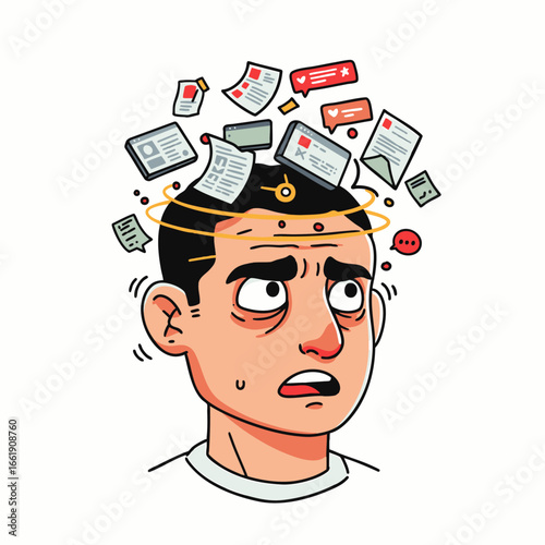 A man appears stressed and overwhelmed by digital information, with documents, social media notifications, and messages swirling chaotically around his head, depicting modern life's demands.