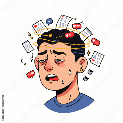 A stressed young man experiences overwhelming digital fatigue and information overload from constant social media engagement, leading to mental exhaustion.