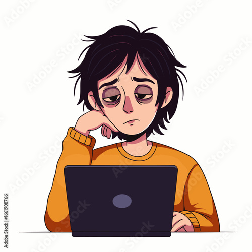 An illustration of an exhausted person with messy hair and dark circles, staring wearily at a laptop, symbolizing digital fatigue and modern burnout.