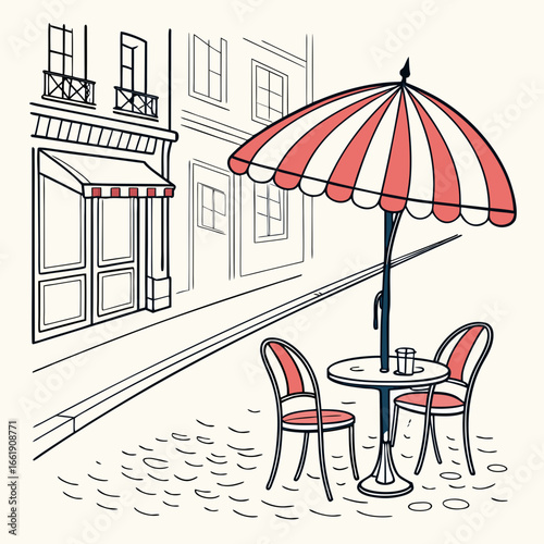 Charming parisian cafe scene with outdoor seating striped umbrella and a glass of water