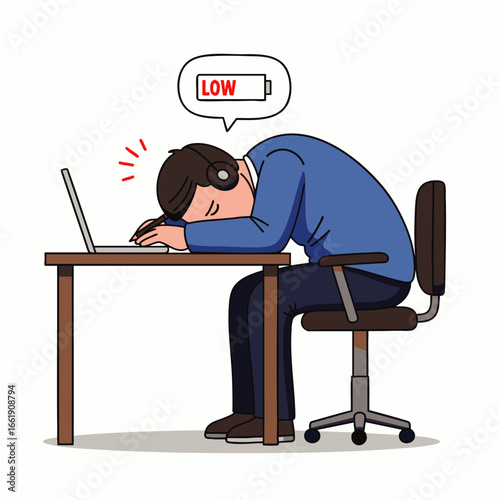 An overworked office worker, completely drained of energy, slumps over their laptop at a desk, symbolizing burnout and mental fatigue.