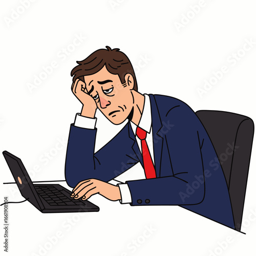 A weary businessman in a blue suit and red tie sits at his desk, looking exhausted and unmotivated while attempting to work on a laptop computer.