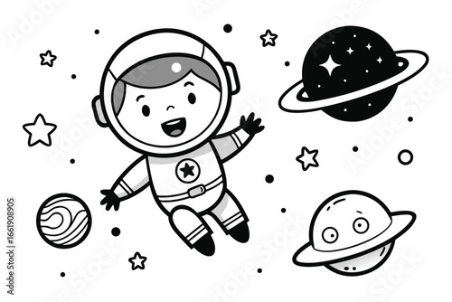 Cartoon Astronaut Floating Among Planets and Stars in Black and White Line Art
