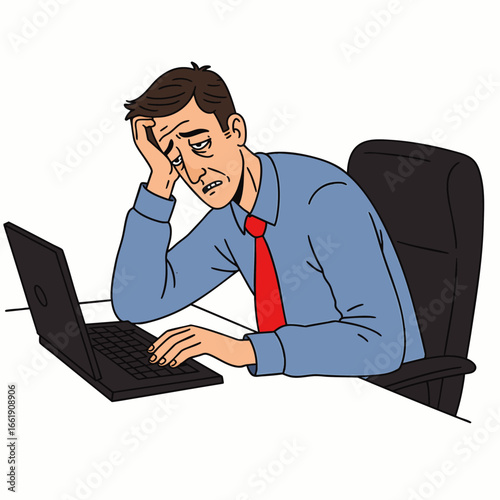 A visibly exhausted and stressed man, overwhelmed by his demanding workload, sits slumped at a desk, experiencing severe burnout while working on his laptop.