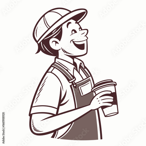 Happy cartoon barista wearing a cap and apron holding a coffee cup and looking up with a smile