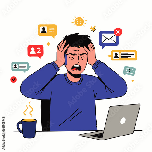 A man clutches his head in distress, overwhelmed by digital notifications, symbolizing the intense pressure and burnout of modern online life.