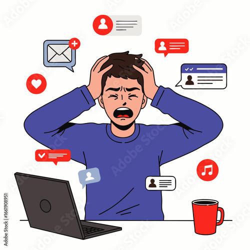 An overwhelmed person expresses frustration, grappling with the constant influx of digital notifications and social media messages, highlighting modern life's information overload.