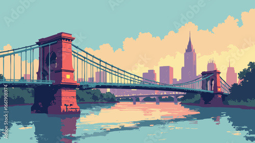 Cincinnati, Ohio – Roebling Suspension Bridge span with river reflections and skyline, palette: bridge teal, brick red, river navy, dusk gold