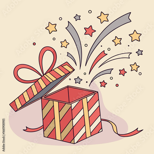 Open gift box with exploding stars and confetti celebrating a special occasion or surprise