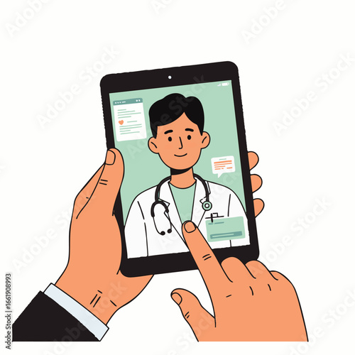 A person's hands hold a tablet displaying a friendly male doctor during a virtual telemedicine consultation, offering modern remote healthcare services.