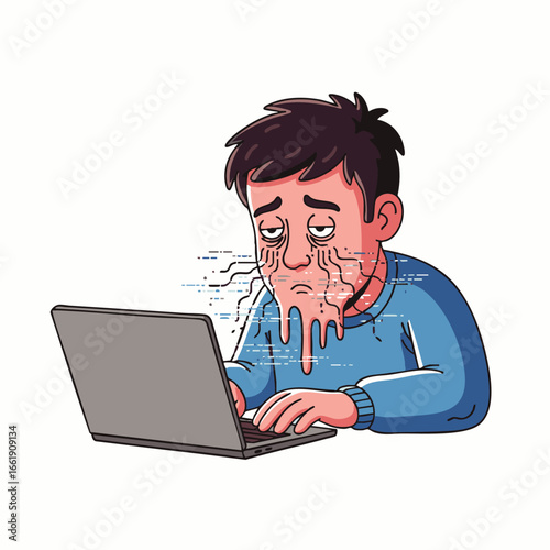 An exhausted individual, overwhelmed by digital information, experiences severe burnout while working on a laptop, depicting modern tech fatigue.