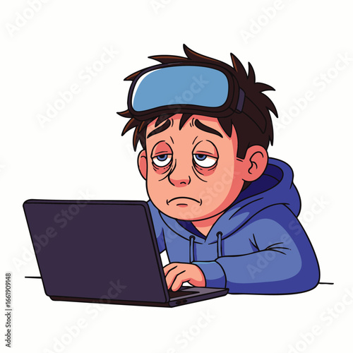 A visibly exhausted young boy, feeling unwell with a fever patch on his forehead, struggles to focus while working on his laptop.