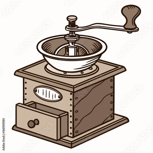 Vintage manual coffee grinder with a wooden box and a drawer for freshly ground beans