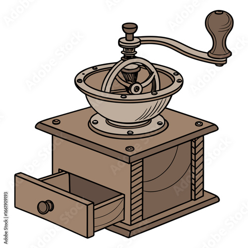 Vintage manual coffee grinder with an open drawer and a wooden handle on a white background