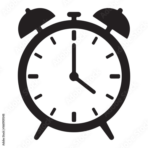 Black and White Alarm Clock Illustration for Time Management and Productivity Concepts Featuring Simple Design and Clean Lines