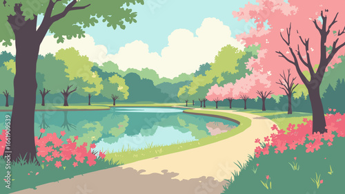 Greensboro, North Carolina – Piedmont park lake and azalea-lined path in spring, palette: azalea pink, pond teal, lawn green, pale beige