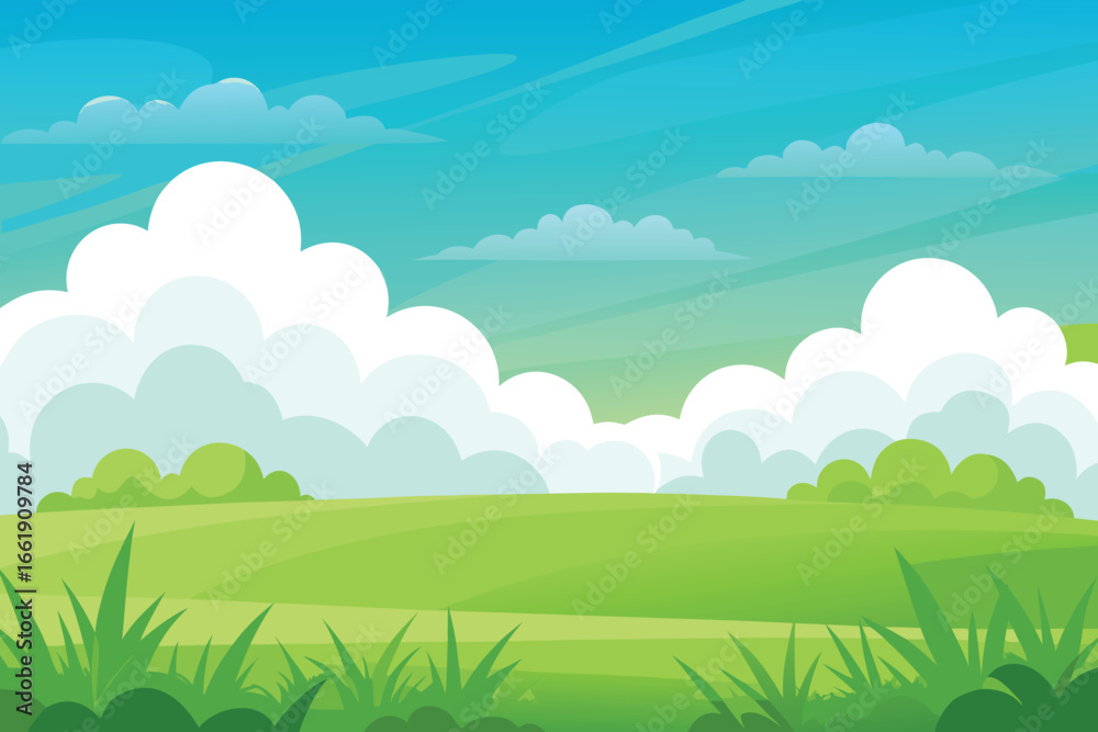 Obraz premium Cartoon Landscape Featuring Green Fields, Trees, White Clouds, and a Blue Sky Background