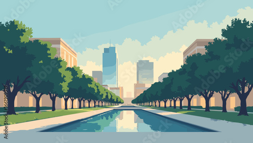 Plano, Texas – Oak tree-lined corporate plaza with reflecting pool at dawn, palette: slate blue, oak green, glass silver, light cream