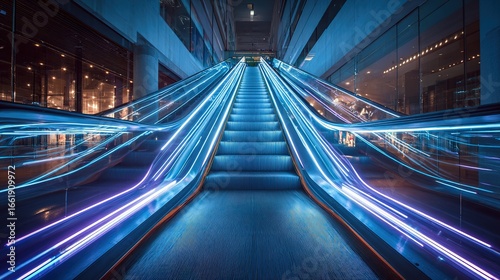 Escalator With Light Trail in Modern Building Interior