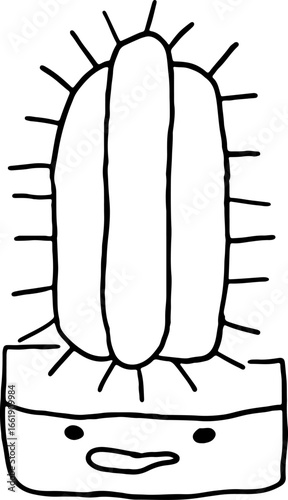 A cute simple flower pot with a disgruntled face and a long cactus with thorns growing in it. Hand drawn doodle children drawings, contours with curved black lines in grunge style