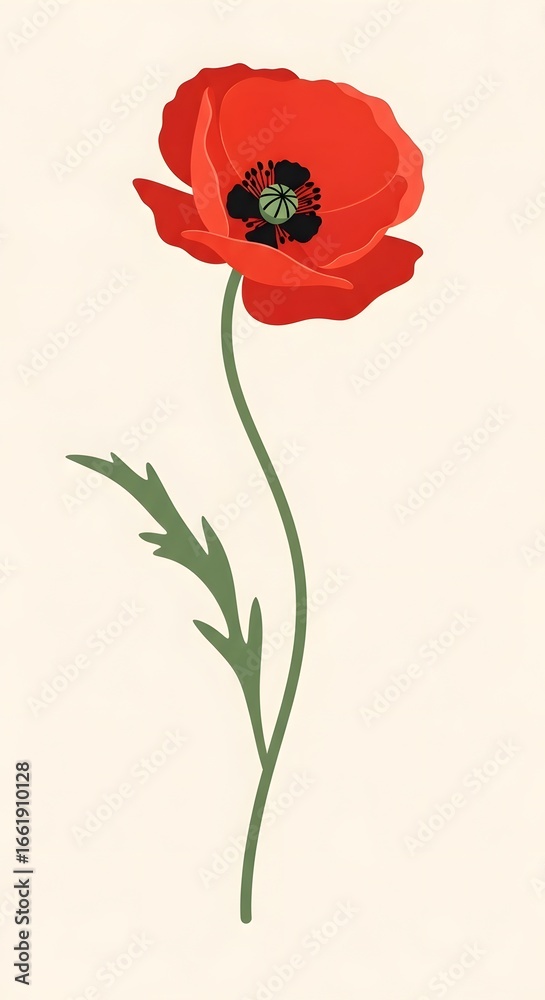 Obraz premium Photo of a single red poppy flower with a delicate stem and leaves on a light
