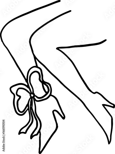 Female legs bent at the knees in high heel shoes with a bow on one leg, side view, contours with curved black lines in grunge style
