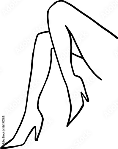 Female legs in high heel shoes bent at the knees with one leg raised, side view, contours with curved black lines in grunge style