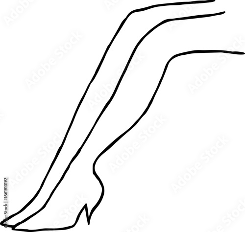 Female legs in high heel shoes placed together with knees bent, side view, contours with curved black lines in grunge style