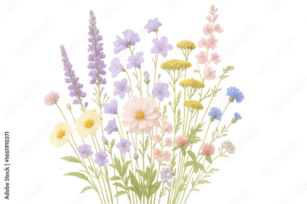 Naklejka premium Delicate pastel wildflowers creating a beautiful bouquet on transparent background