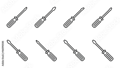Vector art of a symmetrical arrangement of eight screwdrivers, presented in two rows on an, emphasizing precision and readiness for diverse applications